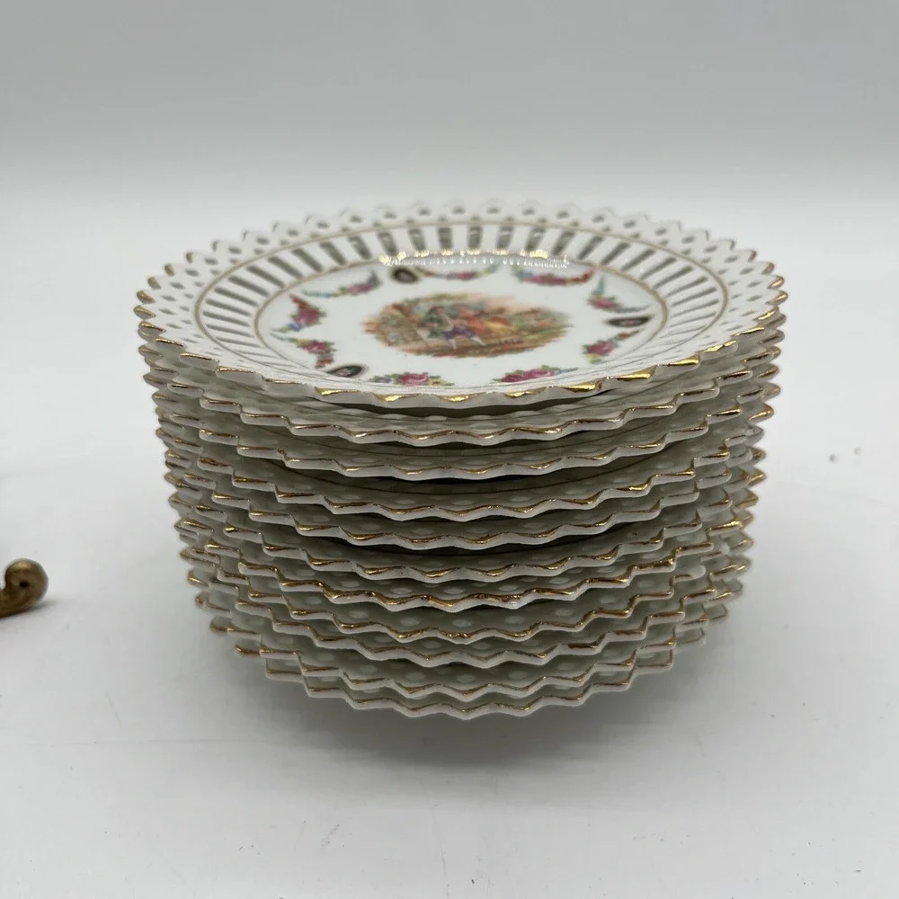 Reticulated porcelain plate from Germany with a Victorian style Set Of 11